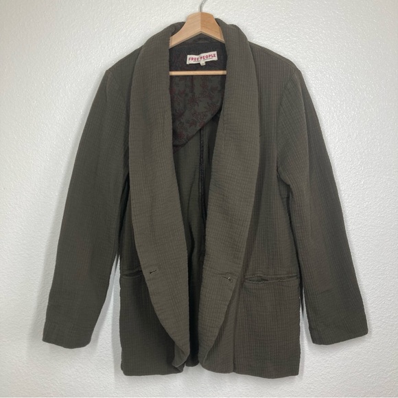 free People Rowan Blazer Gauze Cotton Olive Green Boho Médium Oversize Button Up - Picture 8 of 16